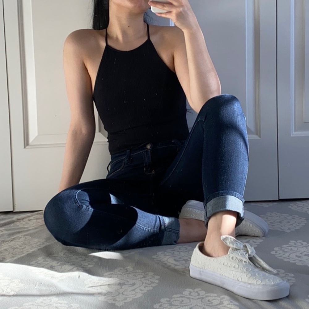 COAST - Black OS Halter Neckline Criss Cross Back Classic Basic Bodysuit